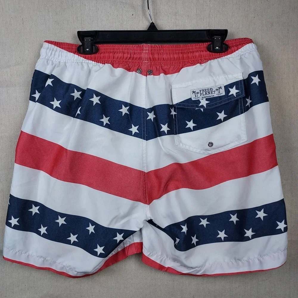 Free Planet Swim Trunks Mens XL Red White Blue Flag Lined DrawstringClassic...